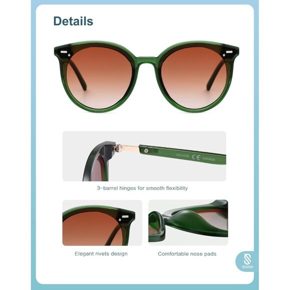 ⚡SOJOS Womens Transparent Green Round Retro Vintage Large Frame Sunglasses - Picture 4 of 5